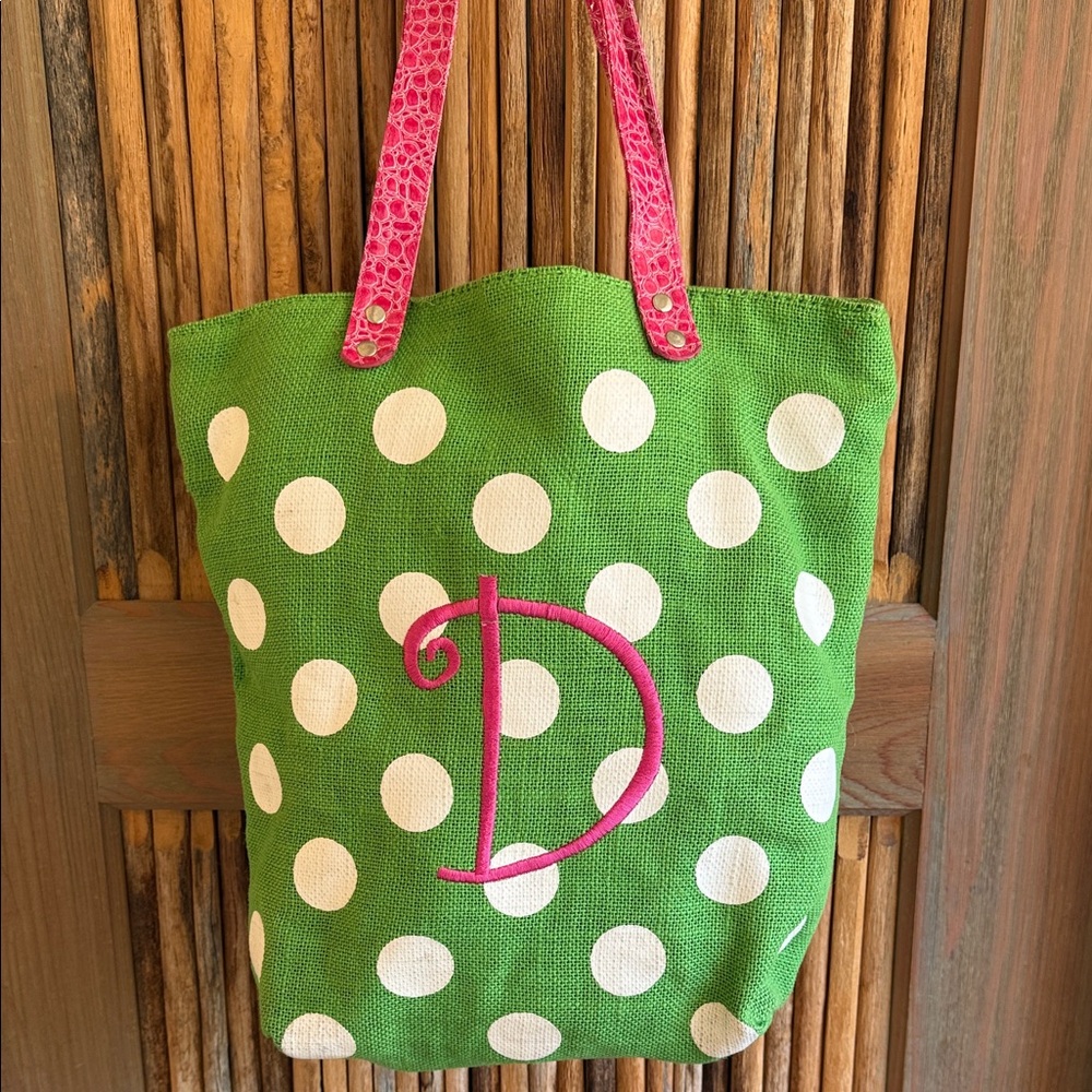 Mainstreet Collection Green Polka Dot Tote, Pink Accents, Initial D, 100% Jute